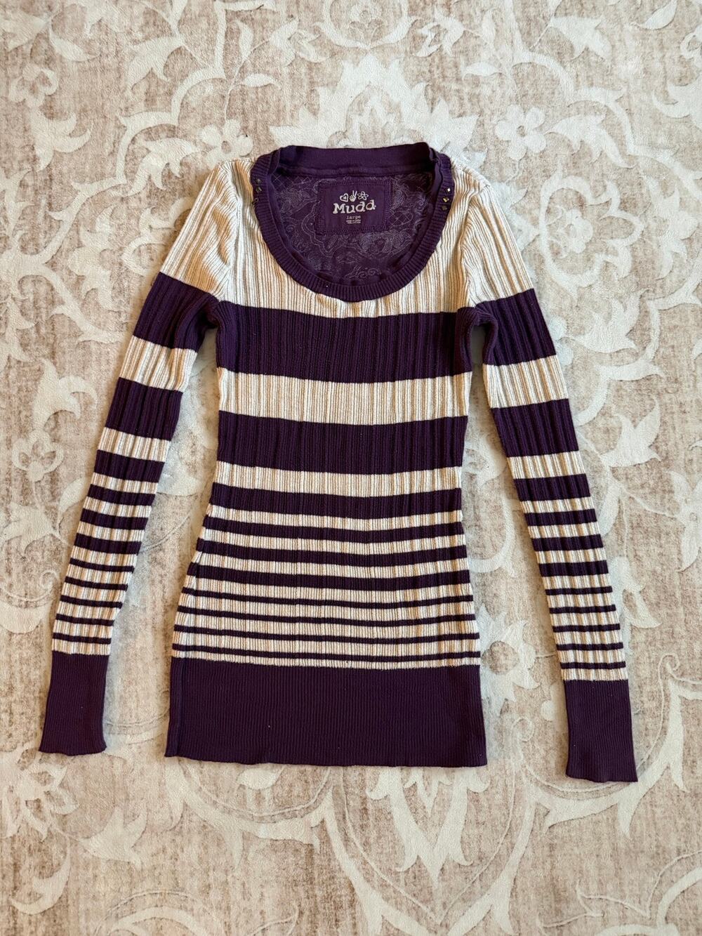 Y2k MUDD Striped Form Fitting Long Sleeve Cable Knit Sweater